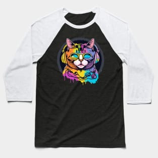 t-shirt design, colorful cat with headphones on, graffiti art psychedelic art, black background, synthwave, colorful Baseball T-Shirt